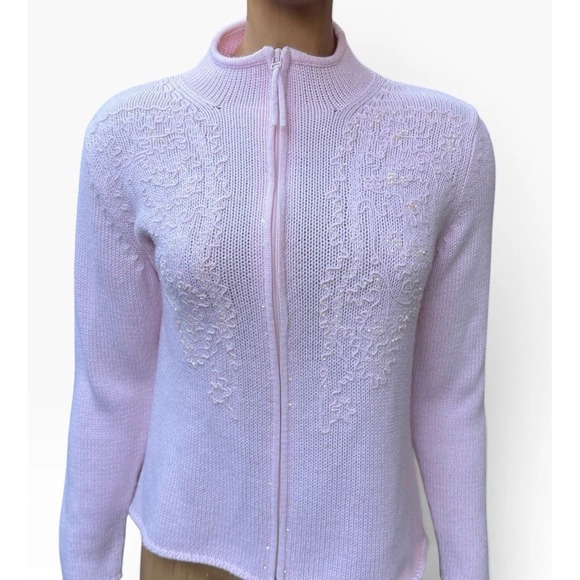 Tabi Sweaters - Vintage Tabi Pink  Zip Knit Cardigan Sequins Embroidery Coquette Mock Neck M